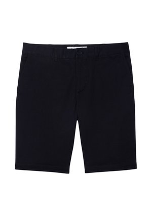 Pantaloni corti di un blu scuro realizzati in tessuto leggero. Presentano due tasche anteriori, una chiusura con un solo bottone e una finitura liscia e pulita, priva di fantasie.