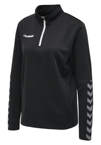 Maglietta atletica nera a mezza cerniera con tessuto testurizzato, con cerniera bianca e motivo a chevron grigio sulle maniche. Logo Hummel in bianco.