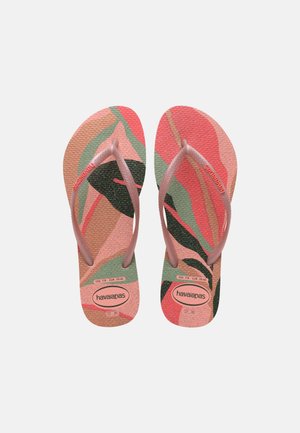 O pereche de papuci roz cu modele abstracte de frunze în culorile verde, coral și negru, cu barete texturate, mărimea 37-38, marca Havaianas.