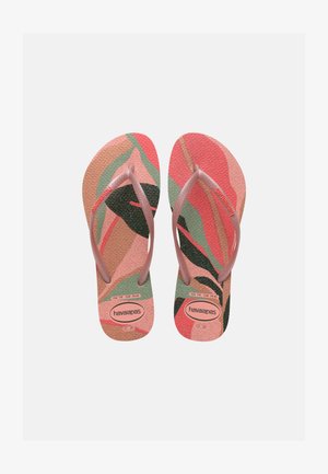 O pereche de papuci roz cu modele abstracte de frunze în culorile verde, coral și negru, cu barete texturate, mărimea 37-38, marca Havaianas.