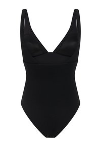 Bañador negro de una pieza con tejido texturizado y escote en V profundo, con tirantes finos y copas acolchadas.