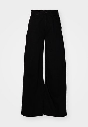 Laiad mustad teksad kõrge vöökohaga, millel on vöölõngad, viis taskut ja puhas, tekstuuriga viimistlus.