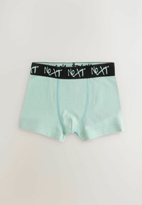 Hellgrüne Boxershorts aus weichem Stoff, mit einem schwarzen Bund, auf dem "NexT" in türkisfarbenen Buchstaben steht. Glatte Textur und körperbetontes Design.
