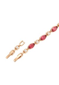 Bracciale in tono oro con pietre rosse a taglio marquise alternate a cristalli trasparenti, dotato di una chiusura sicura.