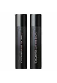 Two cylindrical black hairspray bottles with glossy finish, featuring white text that reads "Sebastian Shaper Zero Gravity."