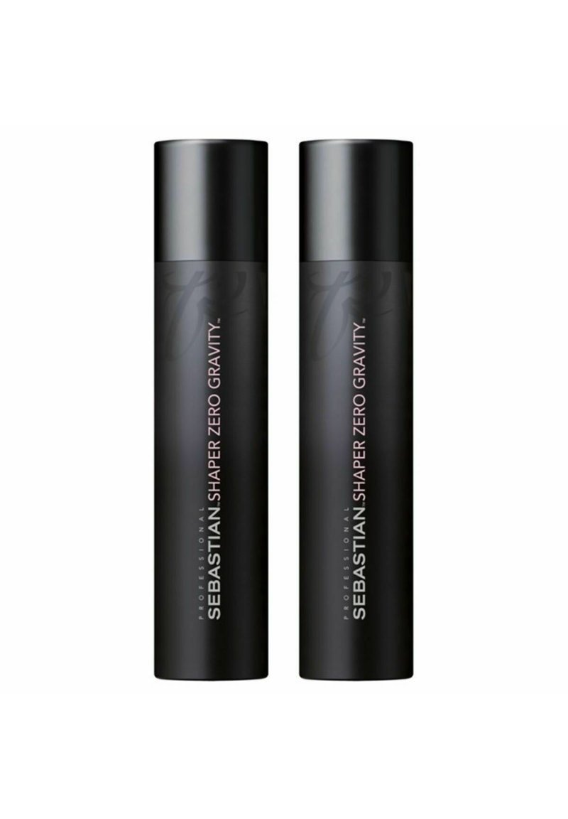 Two cylindrical black hairspray bottles with glossy finish, featuring white text that reads "Sebastian Shaper Zero Gravity."