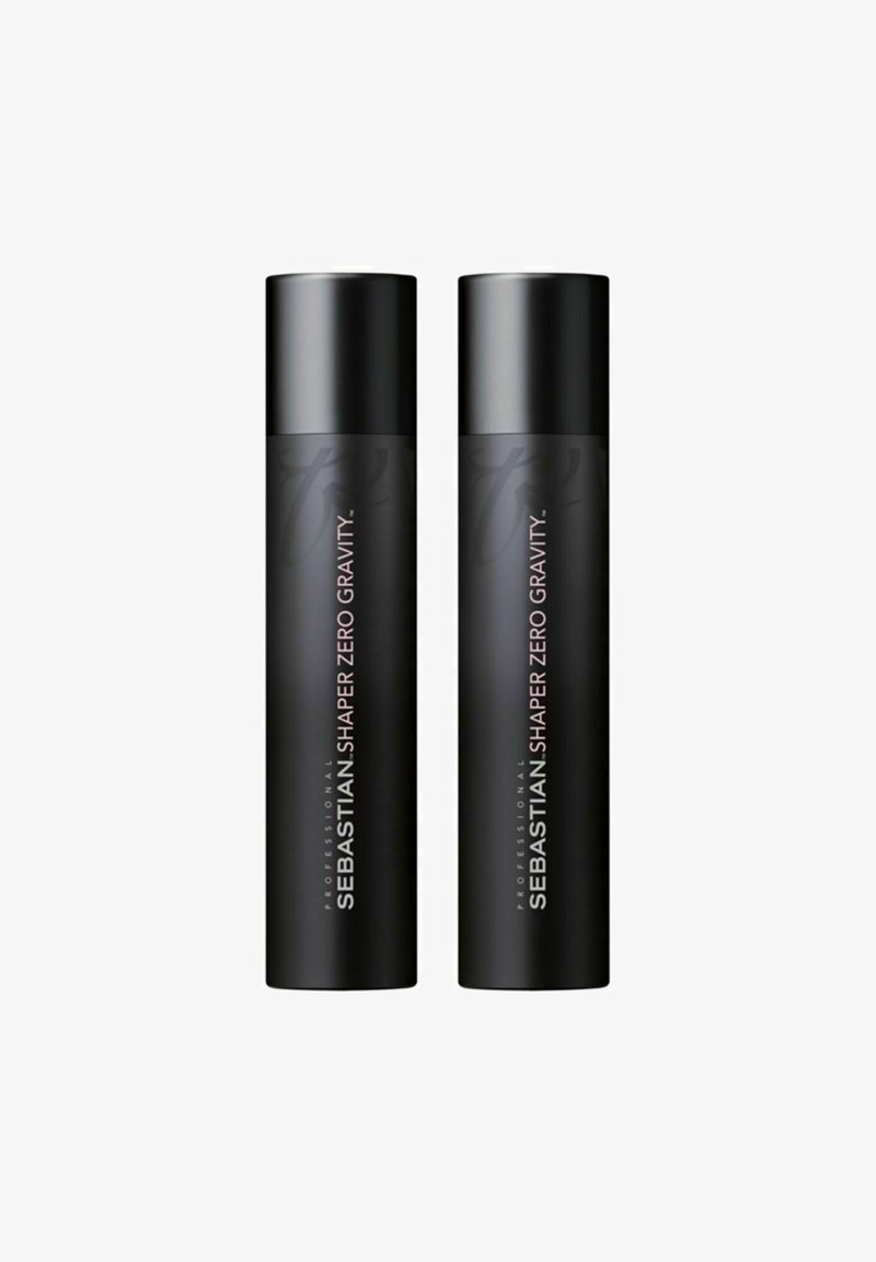 Two cylindrical black hairspray bottles with glossy finish, featuring white text that reads "Sebastian Shaper Zero Gravity."