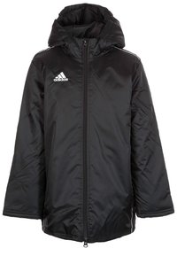 Black Adidas padded jacket with hood, full front zipper, and white logo on left chest, suitable for cold weather.