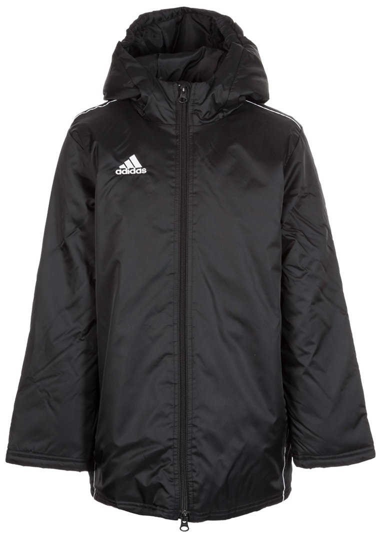 Black Adidas padded jacket with hood, full front zipper, and white logo on left chest, suitable for cold weather.