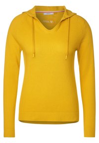 Gelber Strickpullover mit Kapuze, ausgestattet mit einem strukturierten Muster, gerippten Bündchen und einem V-Ausschnitt. Zugbänder in passender Farbe.