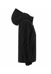 Giacca nera impermeabile con cappuccio, caratterizzata da una texture liscia, chiusura frontale con zip e tasche laterali; progettata per uso all'aperto.