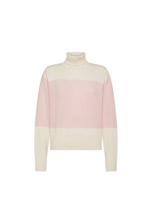 Maglione a collo alto in crema e rosa chiaro, caratterizzato da ampie righe orizzontali e polsini e orlo a coste. Tessuto morbido e testurizzato.