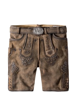 Brown leather shorts with embroidered floral patterns and decorative seams. Features a silver belt buckle and side buttons for fastening.
