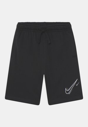 Zwarte Nike-short met een elastische tailleband en trekkoord. Heeft twee zijzakken en een reflecterend Nike-logo op het onderbeen.
