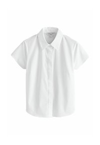 Cămașă albă cu mâneci scurte, guler clasic și închidere frontală cu nasturi. Confecționată dintr-un material neted, cu croială conică.