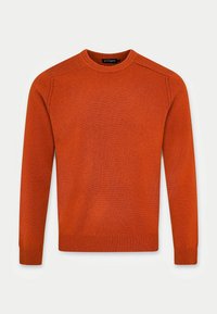 Oranssi neulepusero, jossa on pyöreä pääntie, resorit hihansuissa ja helmassa sekä vahvistetut olkasaumat, valmistettu pehmeästä kankaasta.