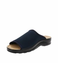 Infradito navy con toma d'aria in mesh traspirante, soletta beige imbottita e suola nera flessibile. Presenta un design con punta aperta.