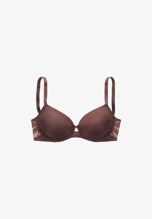 Bra in Braun mit Polsterung und Spitze, ausgestattet mit verstellbaren Trägern und einer glatten Textur. Entworfen mit einem tiefen Ausschnitt und einem zentralen dekorativen Detail.
