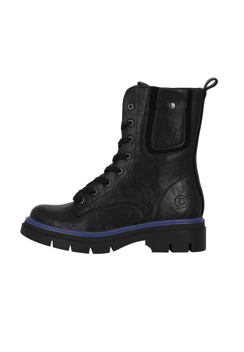 Botines de cuero negro con cordones en la parte delantera, que presentan una suela azul contrastante y un panel de malla lateral. Suela de goma duradera, diseño sólido.