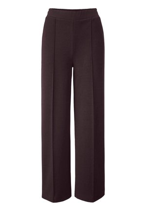 Schwarze weite Hosen mit elastischem Taillenbund, ausgestattet mit einer glatten Textur und Vorderfalten. Hergestellt aus weichem, dehnbarem Stoff.