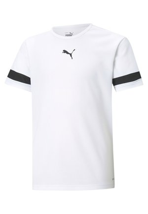 White short-sleeve t-shirt featuring a black logo and striped black accents on sleeves. Made of breathable fabric with a smooth texture.