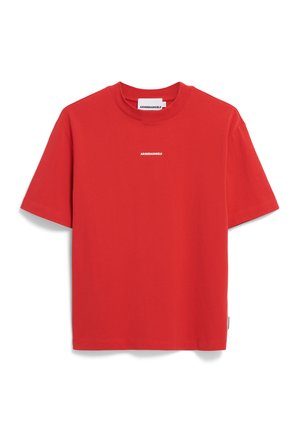 T-shirt in cotone rosso con collo giro e maniche corte. Caratterizzato da un logo bianco del marchio stampato sul davanti. Tessuto morbido e vestibilità regolare.