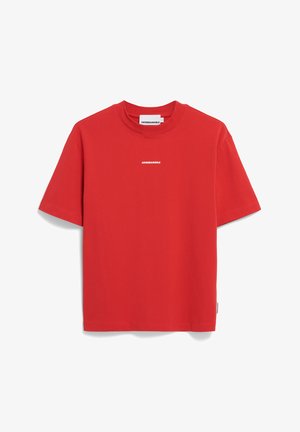 Camiseta de algodón roja con cuello redondo y mangas cortas. Presenta un logotipo de la marca en blanco impreso en el frente. Textura suave y corte regular.