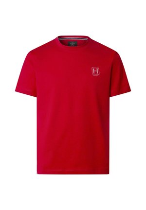 Rotes T-Shirt mit kurzen Ärmeln, Rundhalsausschnitt und kleinem weißem "H Hackett"-Logo auf der linken Brust, schlichtes Design, Unisex-Stil.