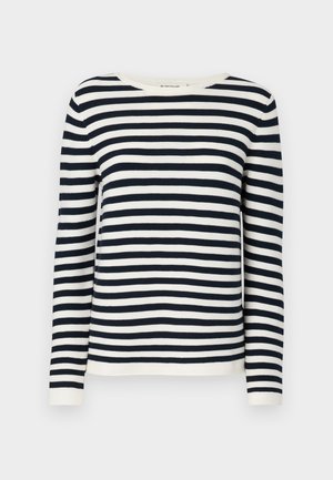 Pull long à rayures bleu marine et blanches avec un col rond et des poignets côtelés. Tissu tricoté doux avec une coupe classique.