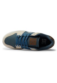 Low-top sneaker in blue and beige with blue laces, padded collar, and brown logo patch on the tongue, viewed from above.