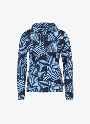 Námořnická mikina s abstraktními vlnitými vzory v světle modré barvě. Má vysoký límec, stahovací šňůrku a dlouhé rukávy; vyrobena z měkké tkaniny.