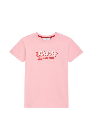 Hellrosa Baumwoll-T-Shirt mit kurzen Ärmeln, mit rotem Schriftzug "I Cherry-ISH You" und zwei Kirschillustrationen unter dem Text.