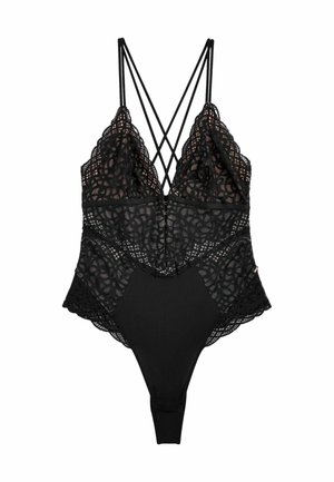 Zwarte kant bodysuit met een bloemenpatroon, voorzien van verstelbare kruislingse banden, een scalloped halslijn en een effen zwarte onderpaneel.