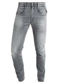 Grå denimjeans med en smal passform, femficksdesign, lätt blekt finish och subtila sömmar på bakfickorna.