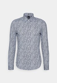 Blauw hemd met lange mouwen en witte bladerenprint. Voorzien van een klassieke kraag en knoopsluiting, gemaakt van lichtgewicht stof.