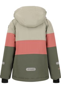 Chaqueta impermeable en tonos gris, verde apagado y rosa. Cuenta con capucha, diseño a bloques de color y acentos reflectantes. Logo de la marca en el dobladillo.