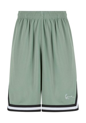Light green athletic shorts in breathable mesh material. Features black and white side stripes and a small logo on the front.