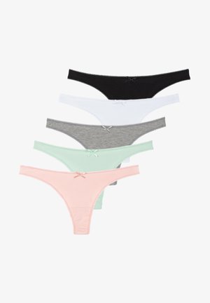 Fünf Paar Tangas in Schwarz, Weiß, Grau, Mintgrün und Hellrosa, mit einer Schleifenakzent und aus weichem, glattem Stoff.