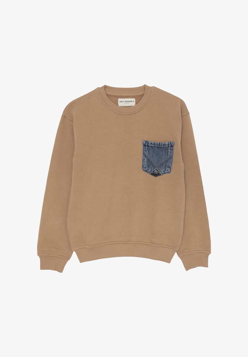 Felpa marrone con tasca in denim sul lato sinistro del petto, polsini e orlo a costine, e classico design a girocollo. Texture morbida.