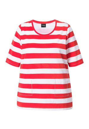 Rood-witte gestreepte top met korte mouwen, twee voorzakken, ronde halslijn en een casual stijl.