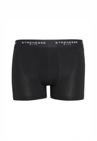 Schwarze Boxershorts aus weichem Stoff, mit einem glatten Bund mit "STRENESSE BLUE" Logo und einem körperbetonten Schnitt bis zur Mitte des Oberschenkels.
