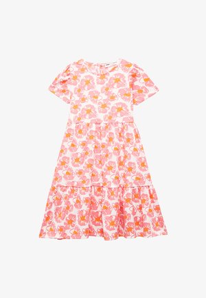 Kukkamekko vaaleanpunaisena, jossa on oransseja ja keltaisia kukkia. Lyhyet hihat, pyöreä pääntie, kerroksellinen röyhelösomistus helmassa ja kevyt kangas.