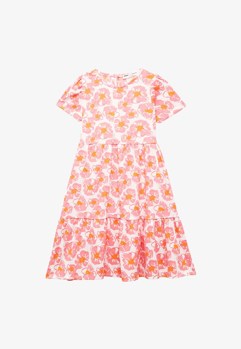 Blommig klänning i rosa med orange och gula blommor. Kort ärm, rund halsringning, lager på lager volang längst ner och lätt tygtstruktur.