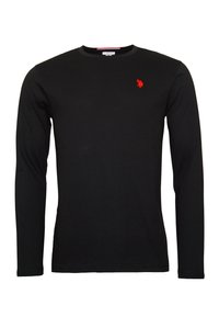 Zwarte langemouwen T-shirt van katoen, met een ronde hals en een klein rood geborduurd logo op de linkerborst. Eenvoudig en aansluitend ontwerp.