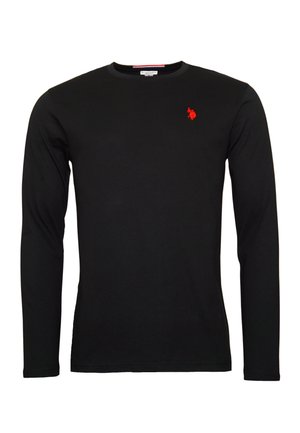 Schwarzes Langarm-T-Shirt aus Baumwolle mit rundem Ausschnitt und kleinem roten gestickten Logo auf der linken Brust. Einfaches und figurbetontes Design.