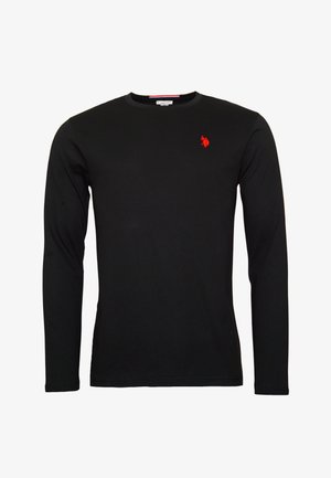 Schwarzes Langarm-T-Shirt aus Baumwolle mit rundem Ausschnitt und kleinem roten gestickten Logo auf der linken Brust. Einfaches und figurbetontes Design.