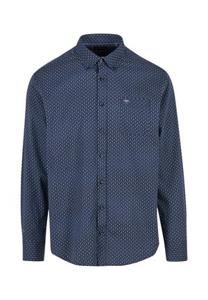 Tamsiai mėlyna marškinė su mygtukais, su maža geometrine rašto, ilgomis rankovėmis, apykakle ir kairiuoju krūtinės kišeniu. Pagaminta iš lengvo audinio.