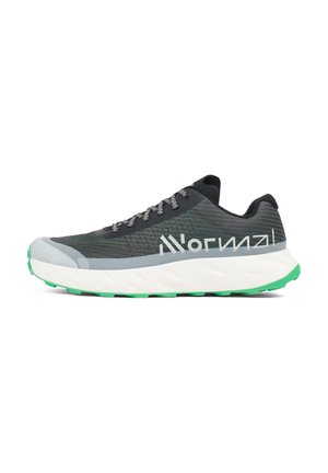 Gray running shoe with a mesh upper, green outsole, white midsole, reflective accents, and gray laces. Features a lightweight design.