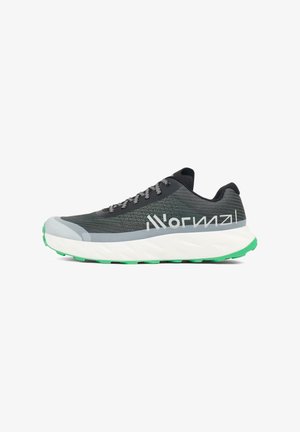Szare buty do biegania z siateczkową cholewką, zieloną podeszwą zewnętrzną, białą podeszwą środkową, odblaskowymi akcentami i szarymi sznurówkami. Charakteryzują się lekką konstrukcją.