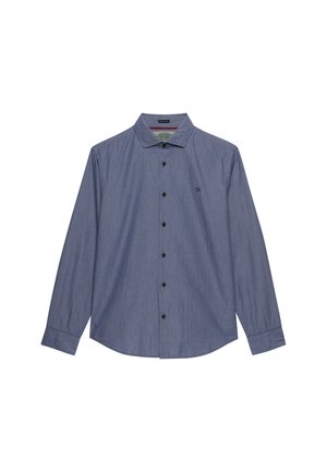 Chemise bleue à manches longues avec fines rayures, col pointu et boutons noirs sur le devant.